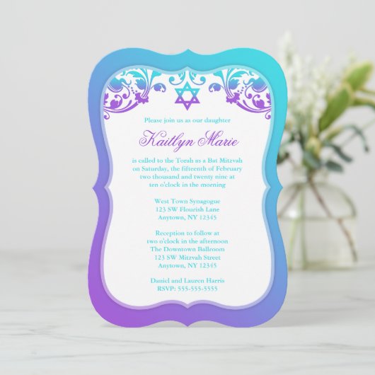 Paarse en Blauwgroen blauwe zwepen in Mitzvah Kaart (Staand voorkant)