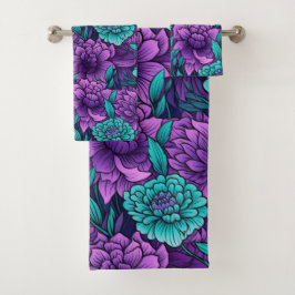 Paarse en Blauwgroen bloemen Bad Handdoek