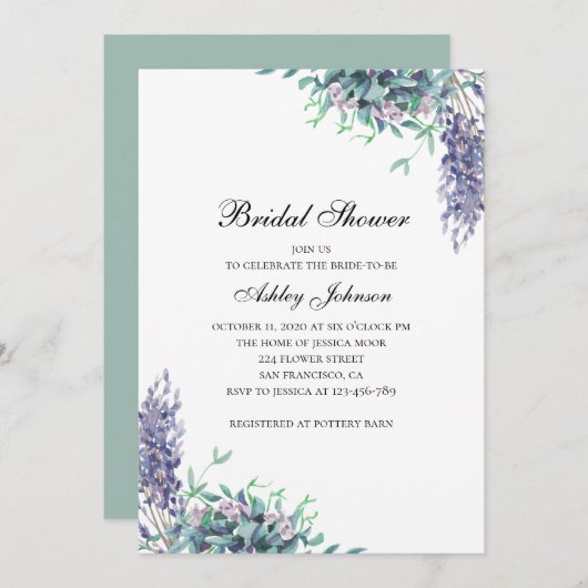 Paarse en blauwgroen bloemen. Bruidsdouche uitnodi Kaart (Voorkant / Achterkant)