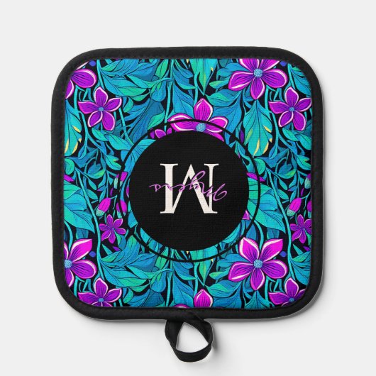 Paarse en Blauwgroen bloemen en bladeren gepersona Pannenlap (Voorkant)