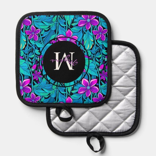 Paarse en Blauwgroen bloemen en bladeren gepersona Pannenlap (Voorkant / Achterkant)