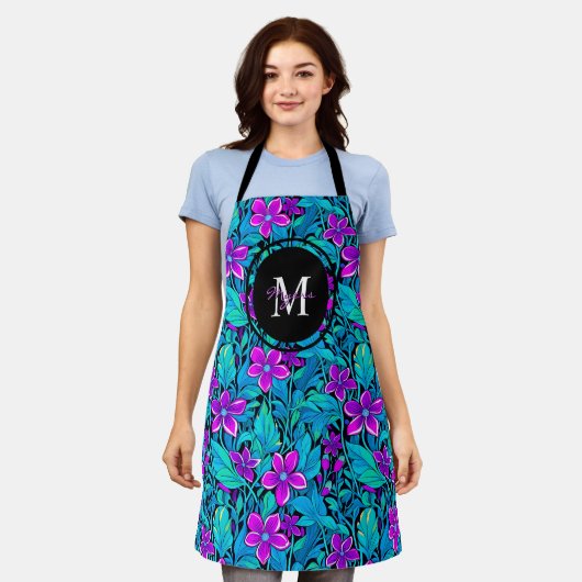 Paarse en Blauwgroen bloemen en bladeren gepersona Schort (Gedragen)