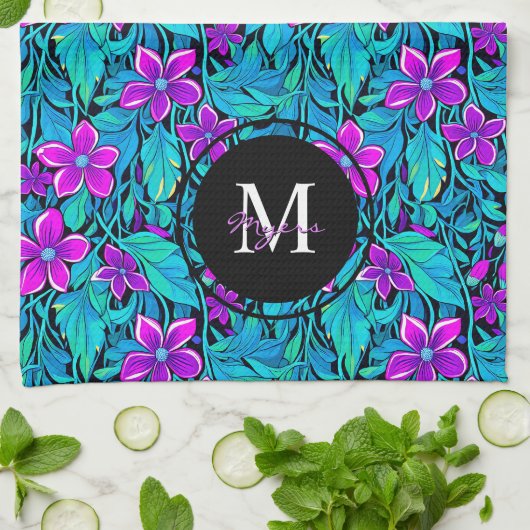 Paarse en Blauwgroen bloemen en bladeren gepersona Theedoek (Gevouwen)