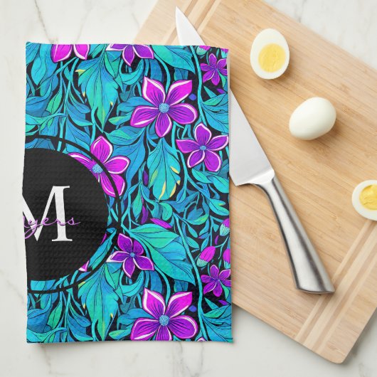 Paarse en Blauwgroen bloemen en bladeren gepersona Theedoek (Quarter Fold)