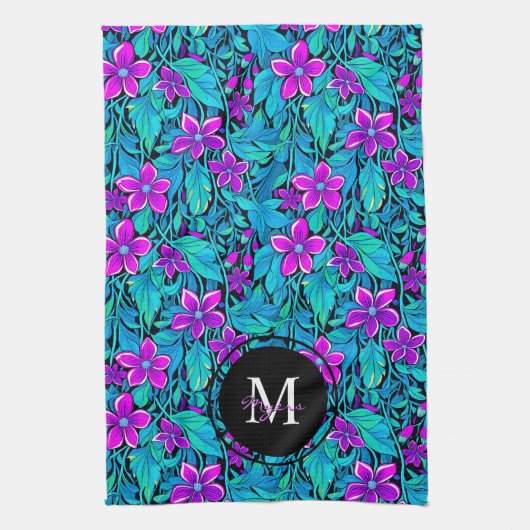 Paarse en Blauwgroen bloemen en bladeren gepersona Theedoek (Verticaal)