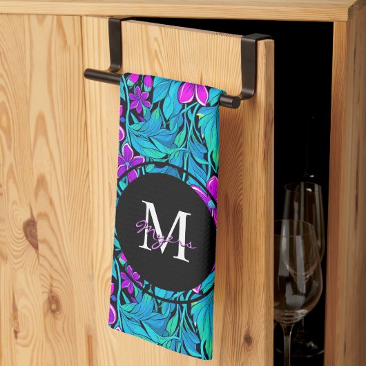 Paarse en Blauwgroen bloemen en bladeren gepersona Theedoek (Derde Gevouwen)