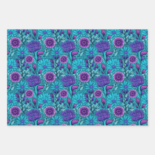 Paarse en Blauwgroen bloemen Inpakpapier Vel (Voorkant 3)