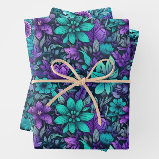 Paarse en Blauwgroen bloemen Inpakpapier Vel (In situ)