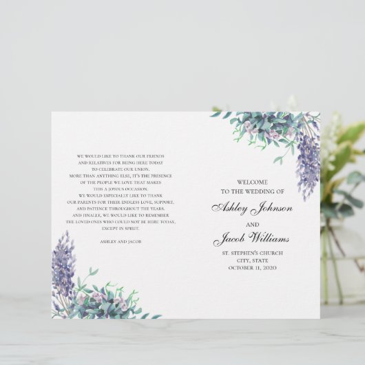 Paarse en blauwgroen bloemen. Weddenprogramma gevo (Staand voorkant)