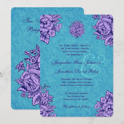 Paarse en Blauwgroen  bloemen Wedding V33 Kaart (Voorkant / Achterkant)