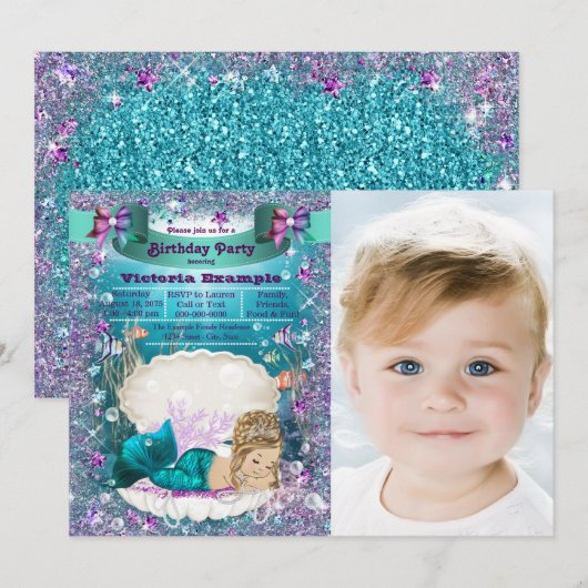 Paarse en Blauwgroen Blonde Zeemeermin Verjaardags Kaart (Voorkant / Achterkant)