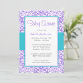 Paarse en Blauwgroen Blue Damask Baby shower Kaart (Staand voorkant)