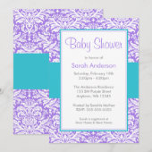 Paarse en Blauwgroen Blue Damask Baby shower Kaart (Voorkant / Achterkant)