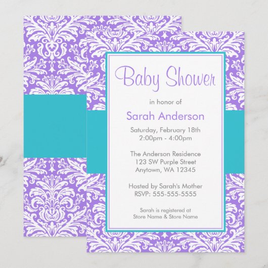 Paarse en Blauwgroen Blue Damask Baby shower Kaart (Voorkant / Achterkant)