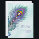 Paarse en Blauwgroen Blue Peacock Wedding Kaart<br><div class="desc">Mooie lavendel paarse en blauwgroen blauwe pauw bruiloft uitnodigingen. Deze elegante blauwgroen bruiloftsuitnodiging met blauwe pauw is eenvoudig aan te passen aan uw evenement met uw keuze van lettertype,  kleur en tekst aan de voor- en achterkant. Dit is een afgedrukt grafisch ontwerp zonder echte edelstenen,  juwelen,  enz.</div>