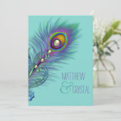 Paarse en Blauwgroen Blue Peacock Wedding Kaart (Staand voorkant)