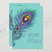 Paarse en Blauwgroen Blue Peacock Wedding Kaart (Voorkant / Achterkant)