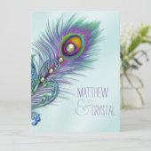 Paarse en Blauwgroen Blue Peacock Wedding Kaart (Staand voorkant)