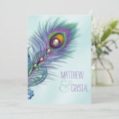 Paarse en Blauwgroen Blue Peacock Wedding Kaart (Staand voorkant)