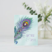 Paarse en Blauwgroen Blue Peacock Wedding Kaart (Staand voorkant)