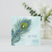 Paarse en Blauwgroen Blue Peacock Wedding Kaart (Staand voorkant)