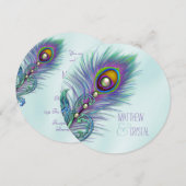 Paarse en Blauwgroen Blue Peacock Wedding Kaart (Voorkant / Achterkant)