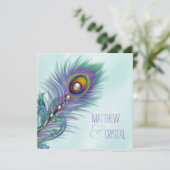 Paarse en Blauwgroen Blue Peacock Wedding Kaart (Staand voorkant)
