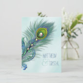 Paarse en Blauwgroen Blue Peacock Wedding Kaart (Staand voorkant)
