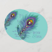 Paarse en Blauwgroen Blue Peacock Wedding Kaart (Voorkant / Achterkant)