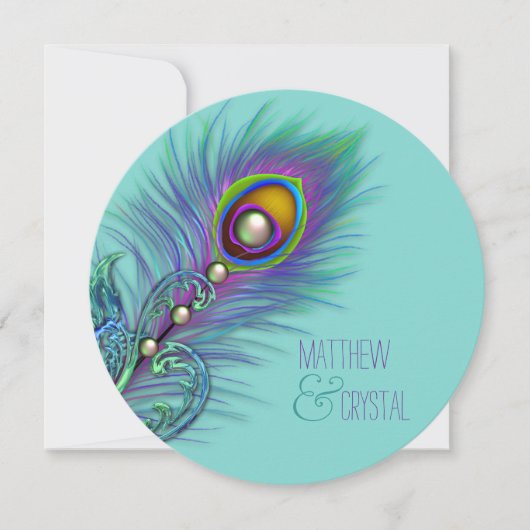 Paarse en Blauwgroen Blue Peacock Wedding Kaart (Voorkant)