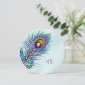 Paarse en Blauwgroen Blue Peacock Wedding Menu Kaart (Staand voorkant)