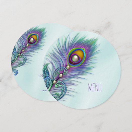 Paarse en Blauwgroen Blue Peacock Wedding Menu Kaart (Voorkant / Achterkant)