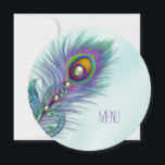 Paarse en Blauwgroen Blue Peacock Wedding Menu Kaart<br><div class="desc">Mooie lavendel paarse en blauwgroen blauw pauw bruiloft menu's. Dit elegante blauwgroen blauwe pauw huwelijksmenu is gemakkelijk aan te passen voor uw evenement met uw keuze van lettertype stijl, kleur en formulering op de voor- en achterkant. Dit is een afgedrukt grafisch ontwerp zonder echte edelstenen, juwelen, enz. Dit ronde menu...</div>