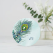 Paarse en Blauwgroen Blue Peacock Wedding Menu Kaart (Staand voorkant)