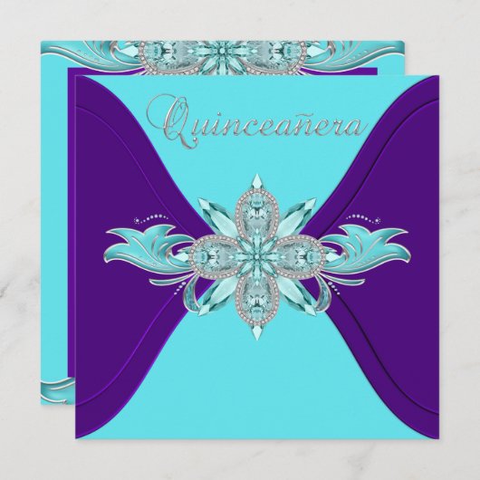 Paarse en Blauwgroen Blue Quinceanera Kaart (Voorkant / Achterkant)