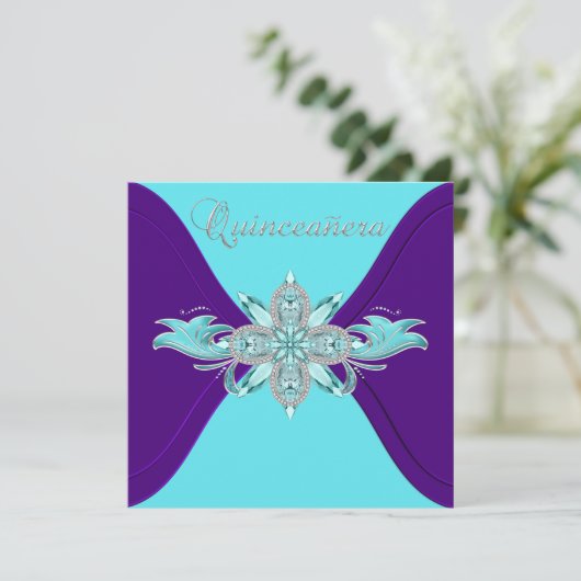 Paarse en Blauwgroen Blue Quinceanera Kaart (Staand voorkant)