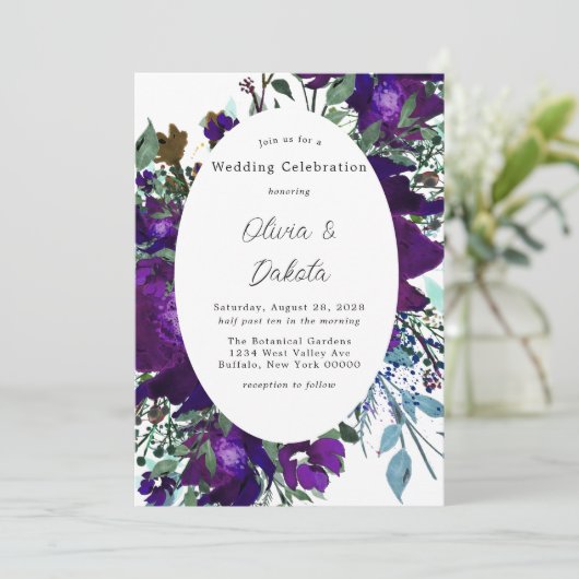 Paarse en Blauwgroen botanische Floral Wedding Kaart (Staand voorkant)