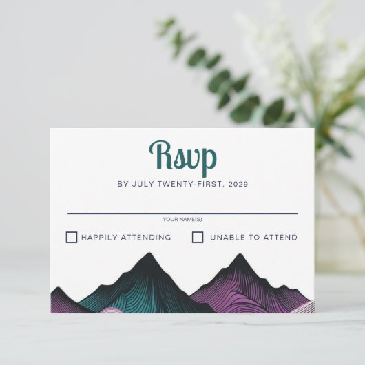 Paarse en Blauwgroen bruiloft in de bergen RSVP Kaartje (Staand voorkant)