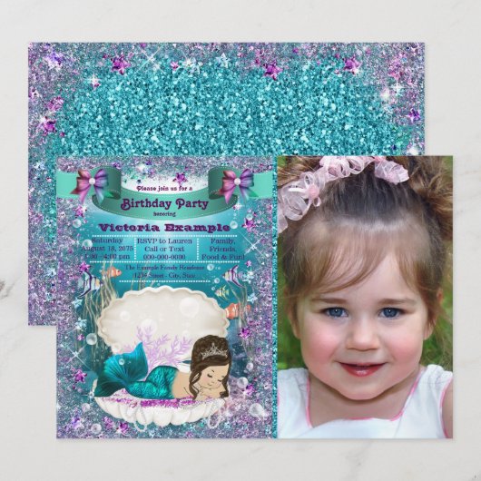 Paarse en Blauwgroen Brunette Mermaid verjaardagsf Kaart (Voorkant / Achterkant)