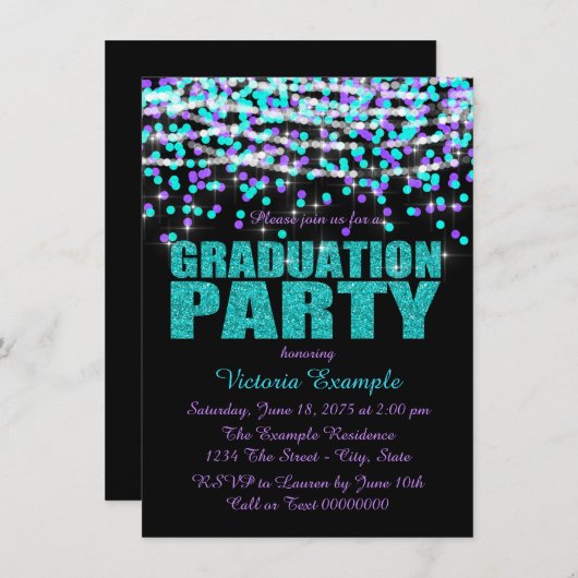 Paarse en Blauwgroen Confetti Graduation Party Kaart (Voorkant / Achterkant)