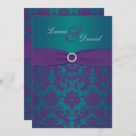Paarse en Blauwgroen Damask bruiloft uitnodiging (Voorkant / Achterkant)
