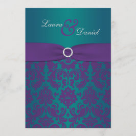 Paarse en Blauwgroen Damask bruiloft uitnodiging