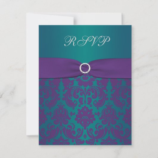 Paarse en Blauwgroen Damask Wedding RSVP-kaart RSVP Kaartje (Voorkant)