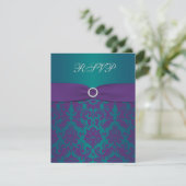 Paarse en Blauwgroen Damask Wedding RSVP-kaart RSVP Kaartje (Staand voorkant)