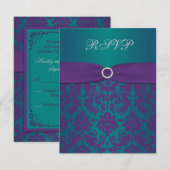 Paarse en Blauwgroen Damask Wedding RSVP-kaart RSVP Kaartje (Voorkant / Achterkant)