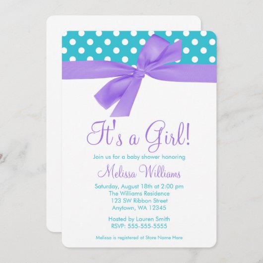 Paarse en Blauwgroen Faux Bow Polka Dot Baby showe Kaart (Voorkant / Achterkant)