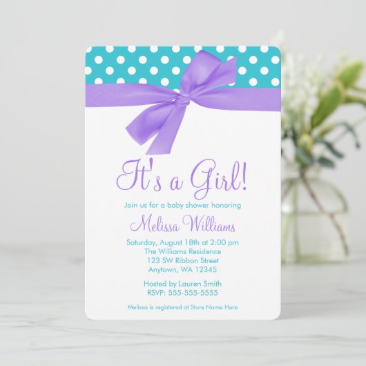 Paarse en Blauwgroen Faux Bow Polka Dot Baby showe Kaart (Staand voorkant)