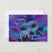 Paarse en Blauwgroen Floral Masquerade Party RSVP (Voorkant)
