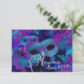 Paarse en Blauwgroen Floral Masquerade Party RSVP (Staand voorkant)
