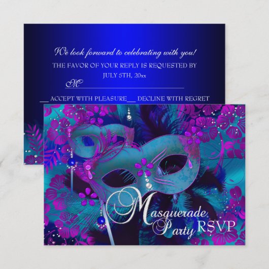 Paarse en Blauwgroen Floral Masquerade Party RSVP (Voorkant / Achterkant)